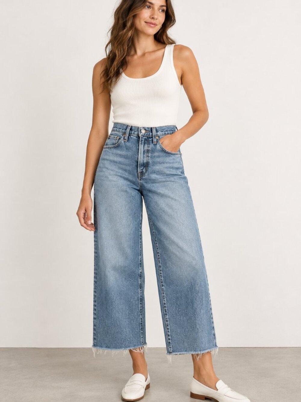 Madewell Perfect Vintage Wide Leg Crop Jeans Catlin Wash Raw Hem 26